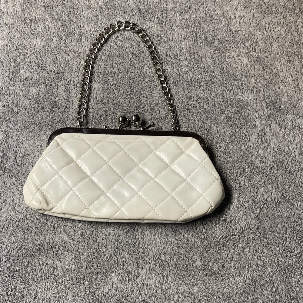 Candie's Quilted White Patent faux leather Kiss-Lock Clutch with Chain